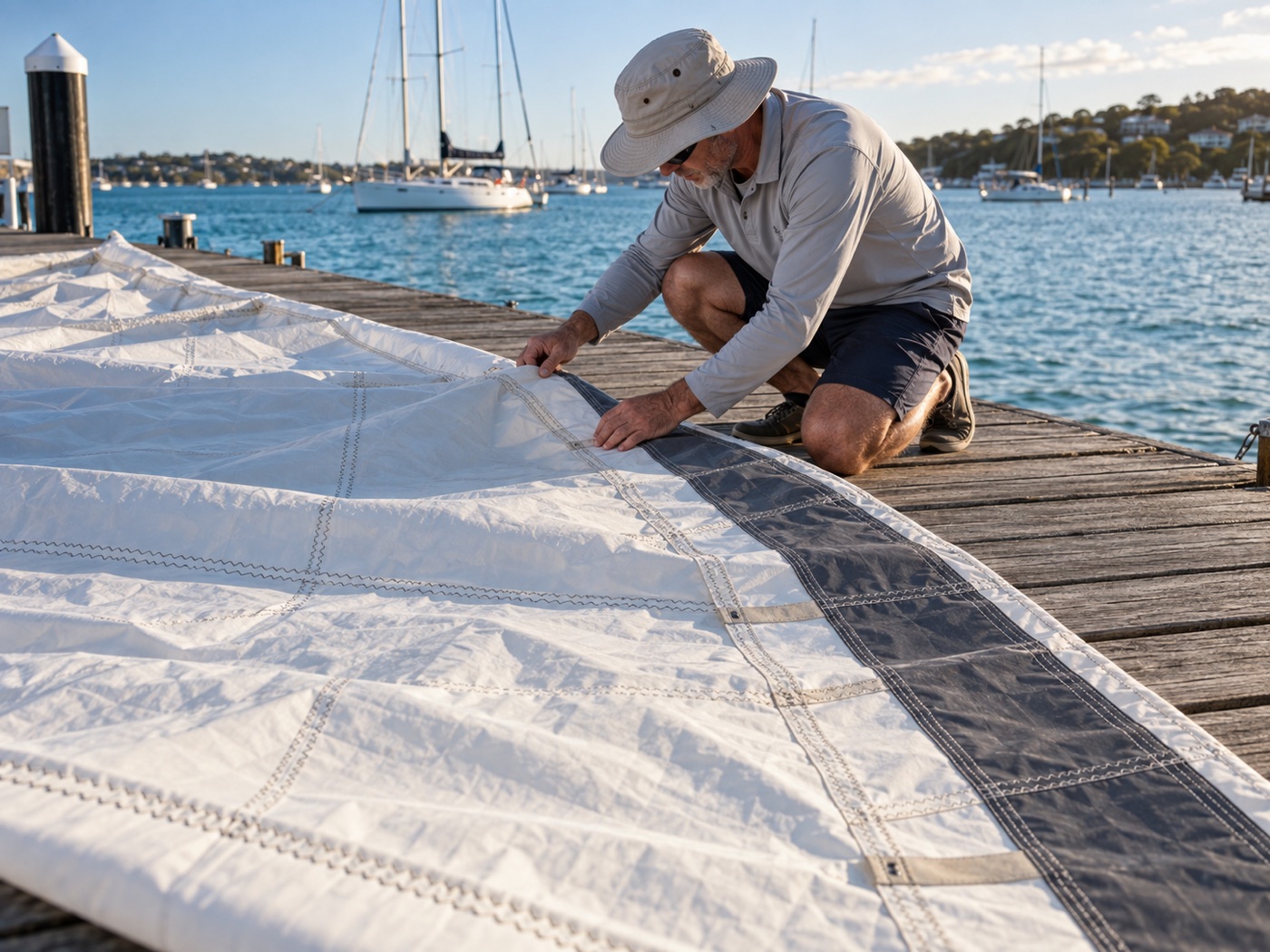Sailor inspecting seams and UV strip on a used yacht sail